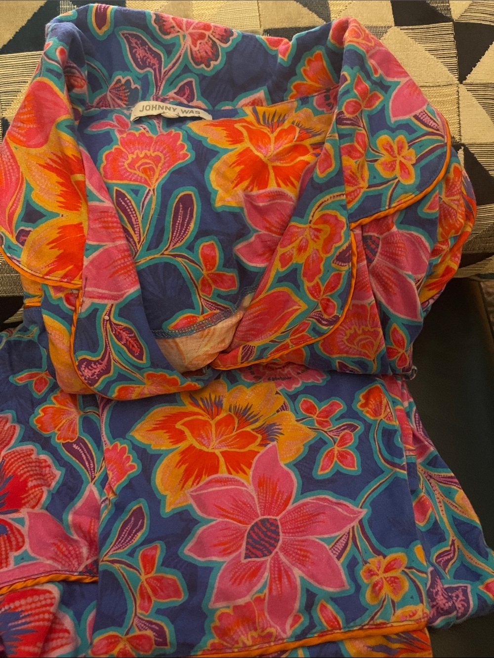 Johnny Was Floral pajamas - Navy with Pink & Orange Blooms. Long sleeves